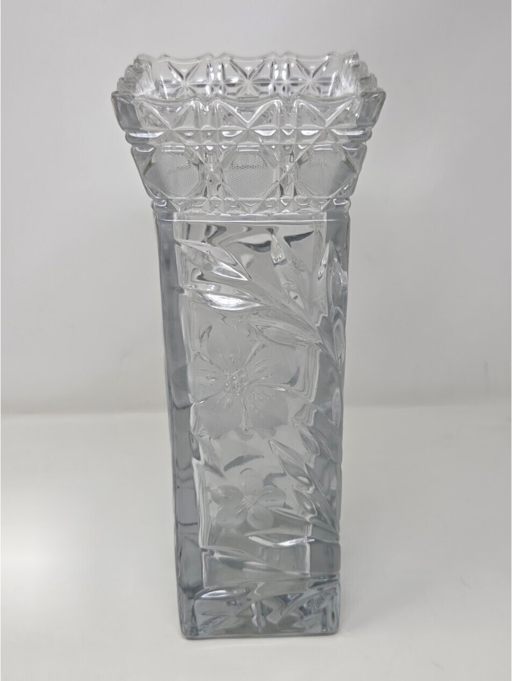 1918 Antique Square Glass Vase Floral McKee #410 Innovation Pressed Cut 10" x 4”